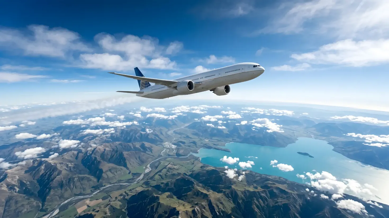 White passenger airplane flying over a mountainous landscape with a turquoise lake and scattered clouds.
