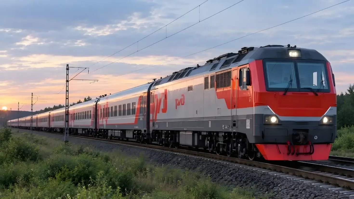 Modern Russian passenger train traveling on railway tracks at sunset.