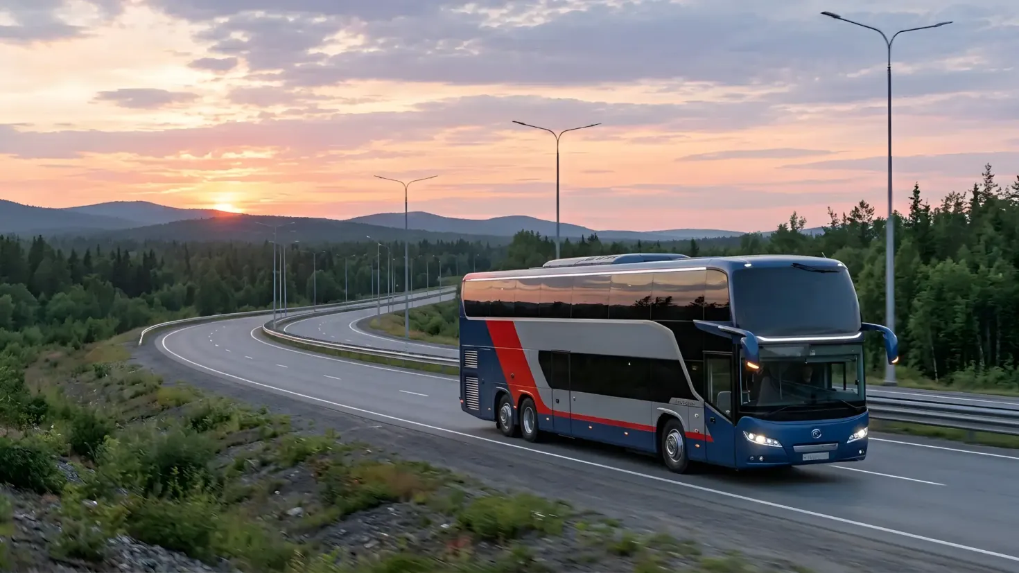 Modern blue and red double-decker coach bus traveling on a highway at sunset with mountains in the background.
