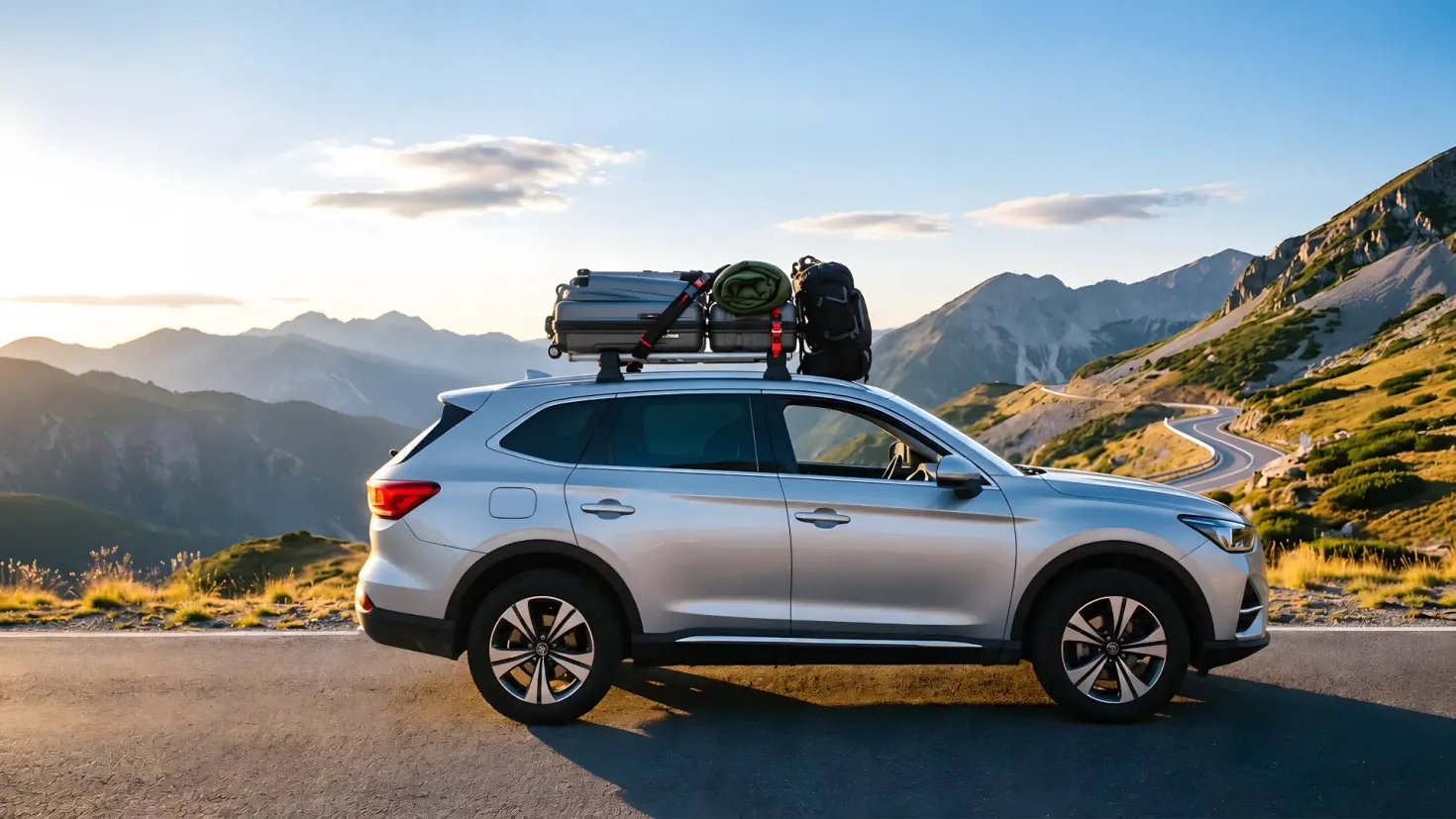 Silver SUV parked on a mountain road with a bicycle and luggage strapped to the roof rack.