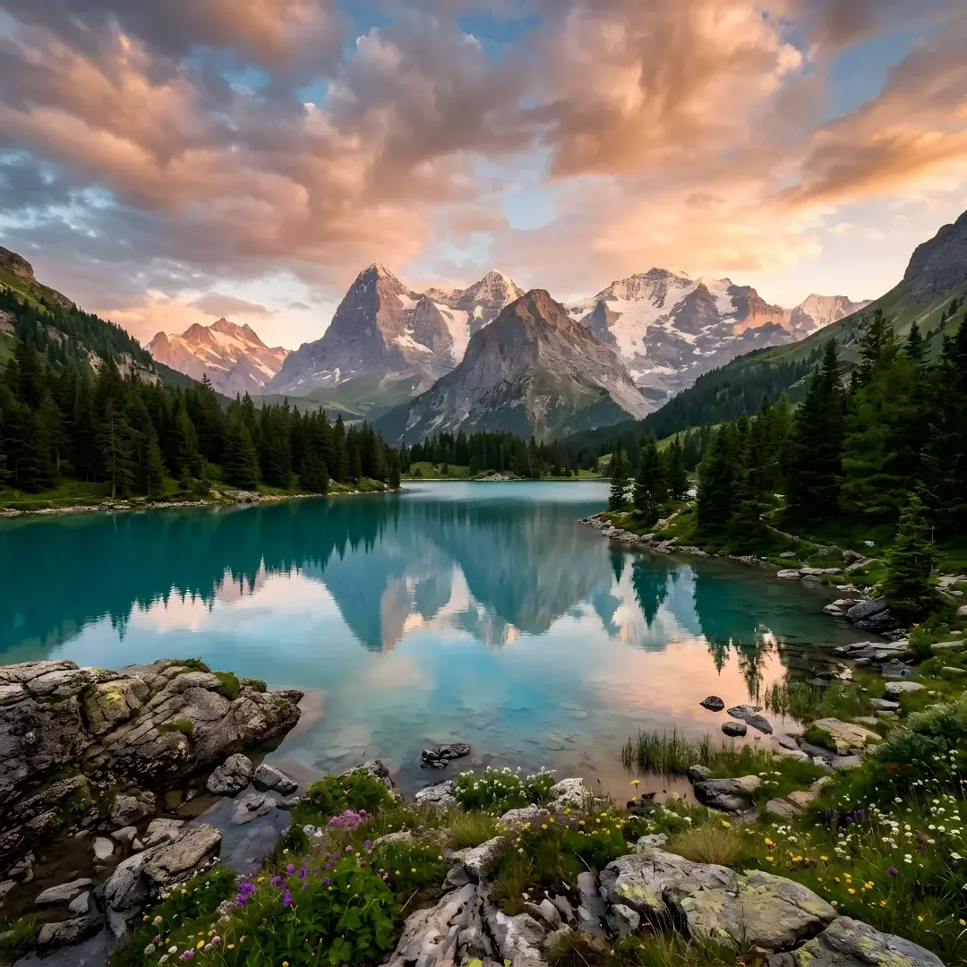 Scenic turquoise alpine lake reflecting snow-capped mountains and pine forests at sunset.