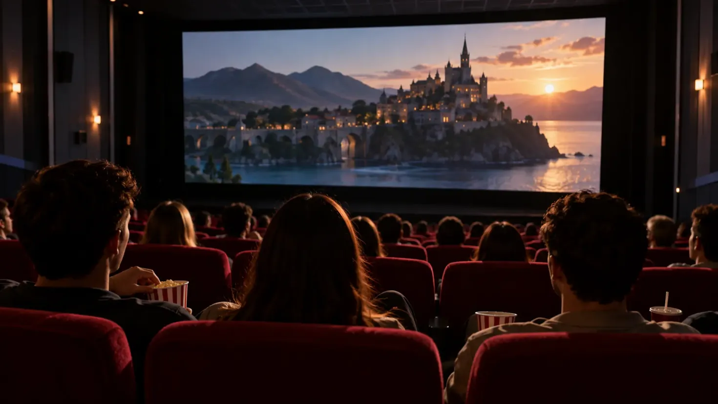 People watching a movie on the big screen in a modern cinema.