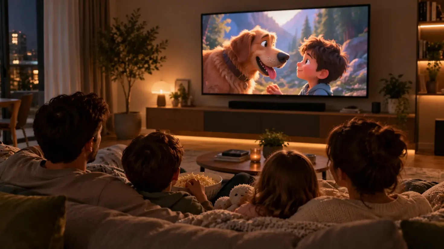 Family watching a movie together at home in a modern living room.