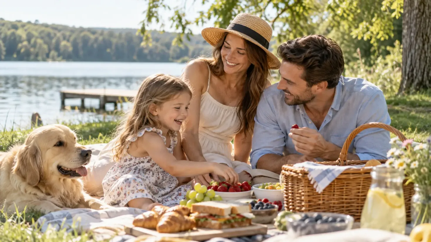 Family enjoying a summer picnic together by a lake.