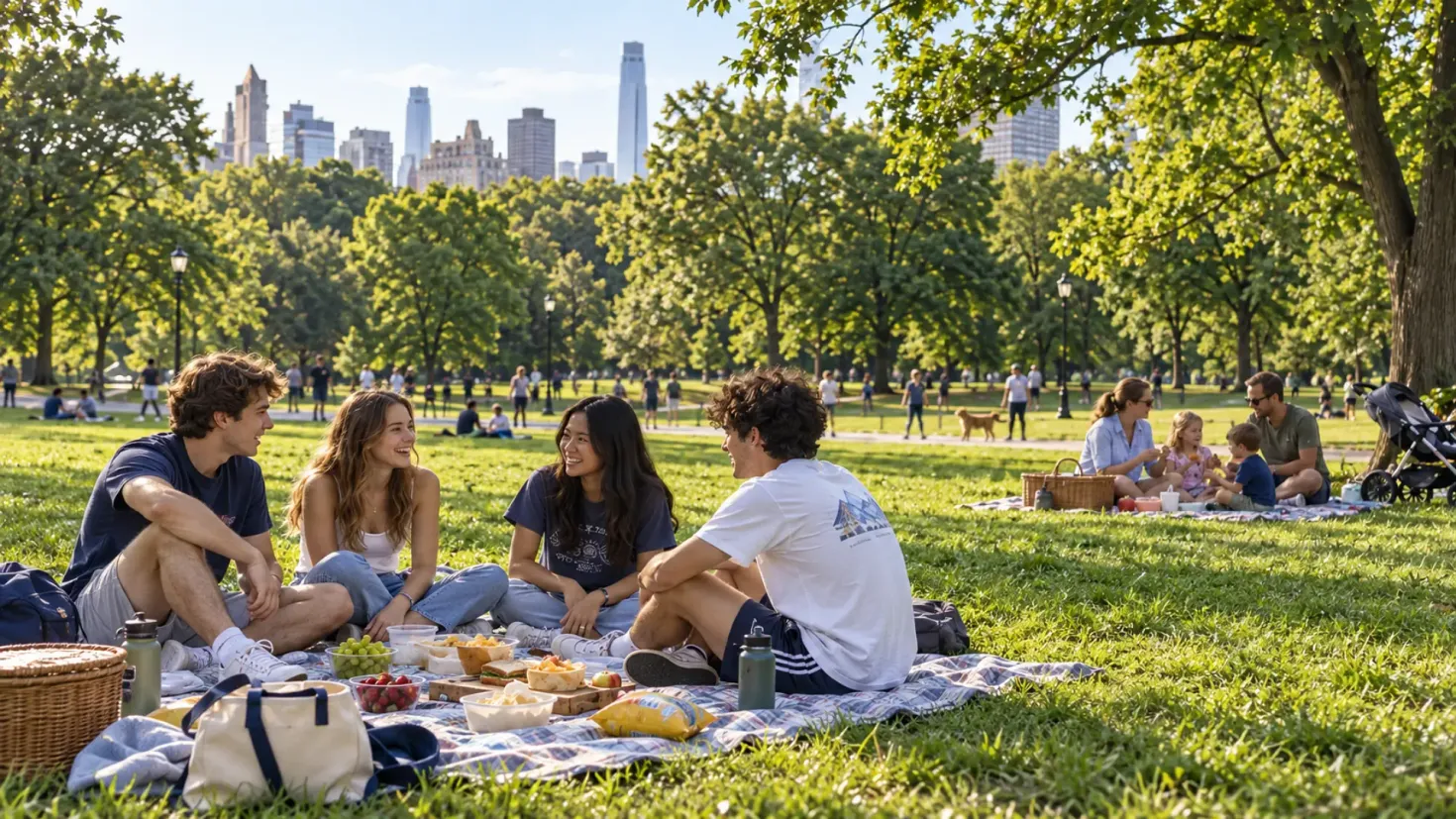 Teenagers and a family enjoying picnics on a sunny lawn in a city park.