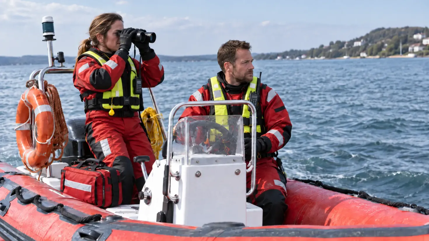 Water rescue team patrolling on a rescue boat in professional safety gear.