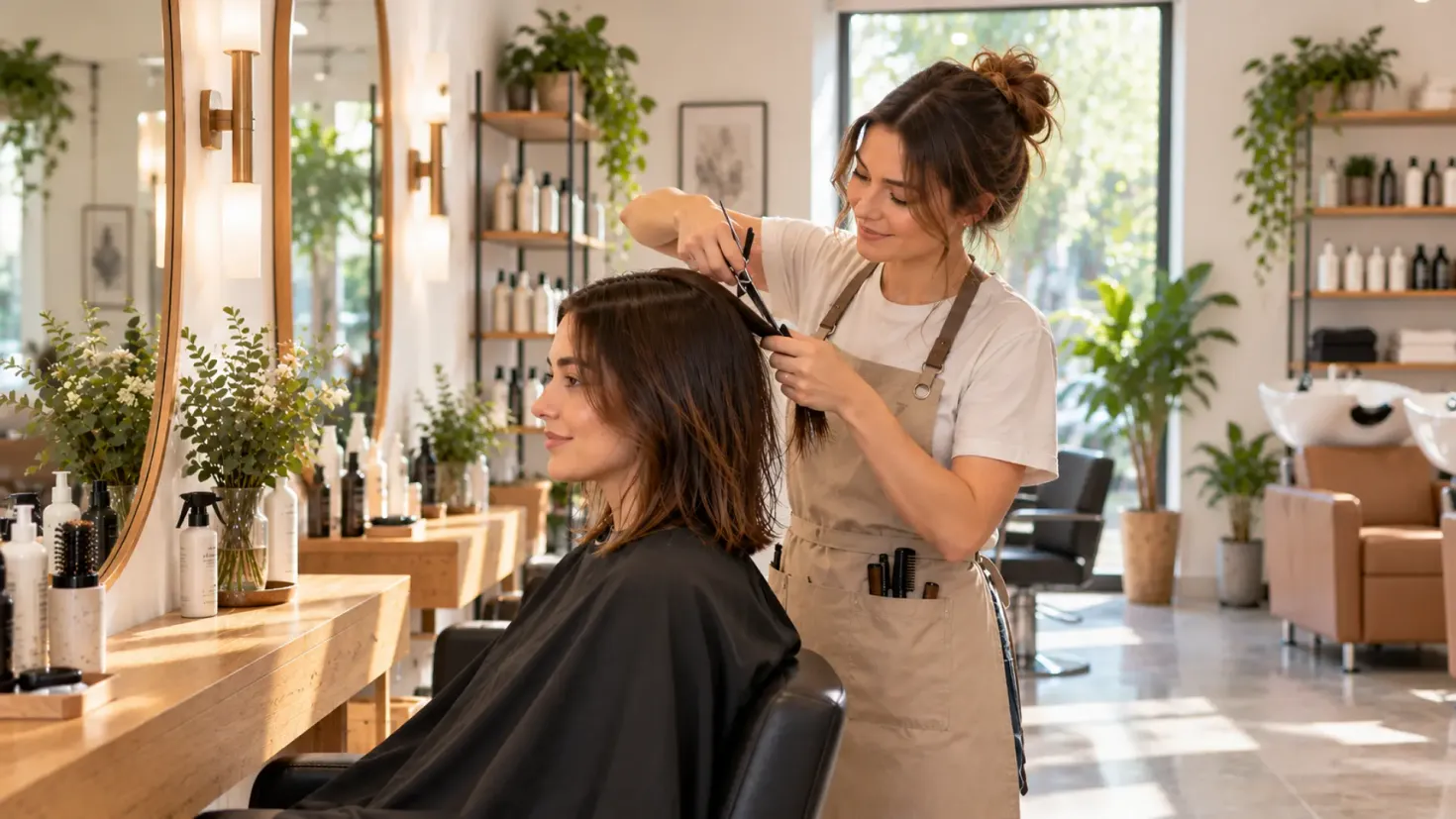 Hairdresser cutting a client's hair in a bright modern salon.