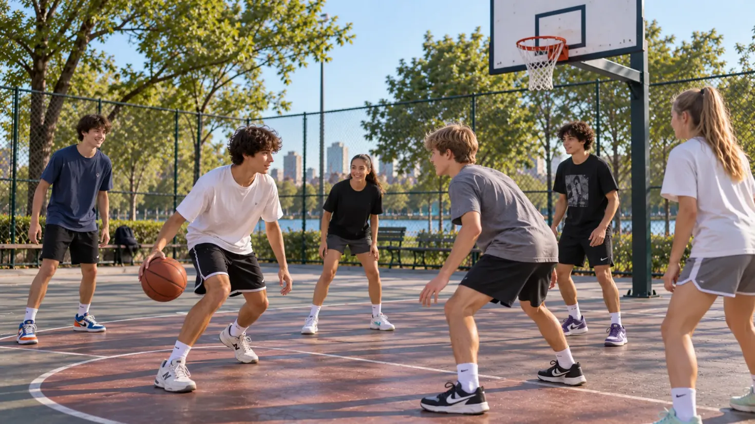 Teenagers playing basketball together on an outdoor court in a city park.