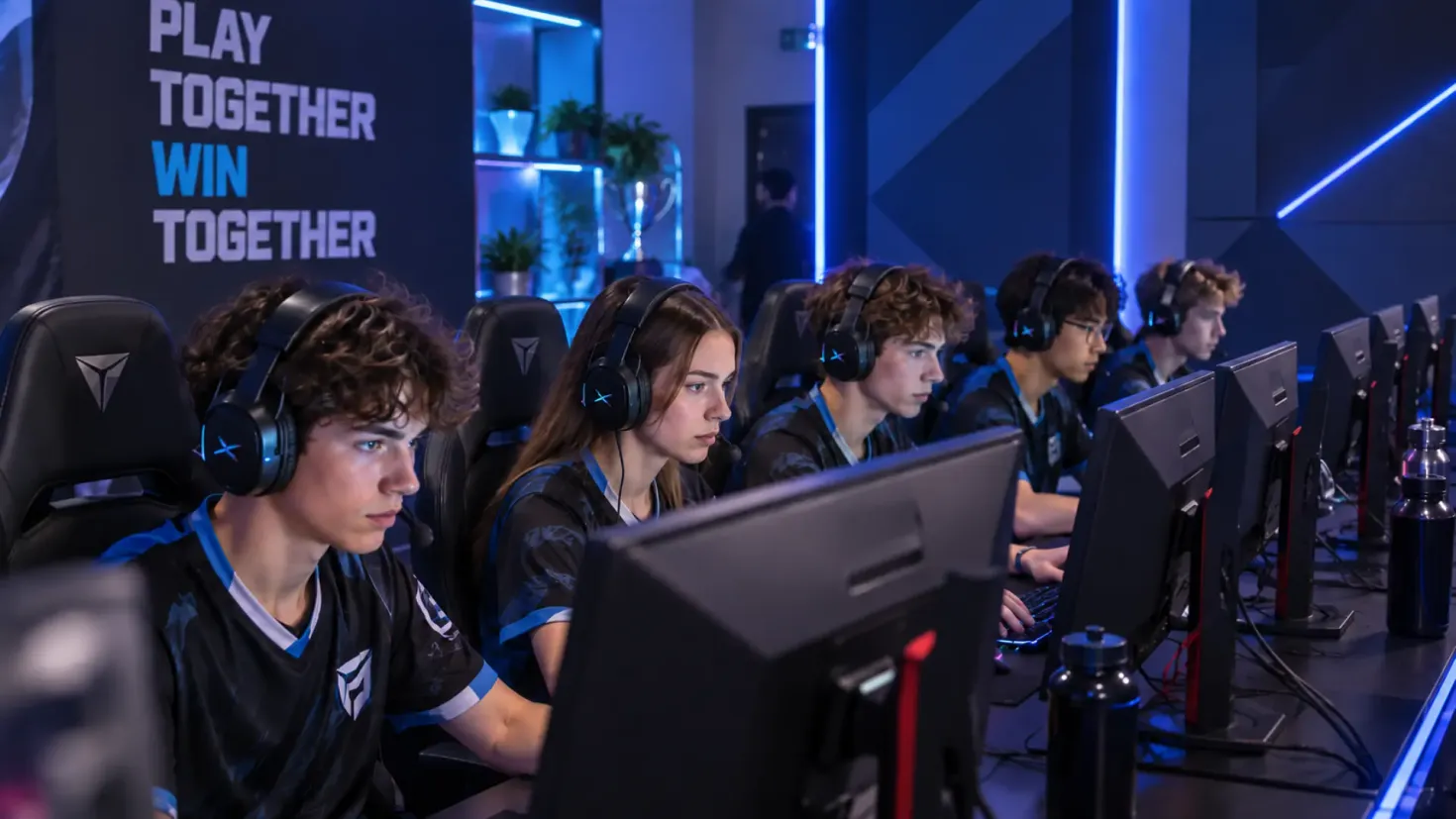 Teen esports team competing together at gaming computers in an esports arena.
