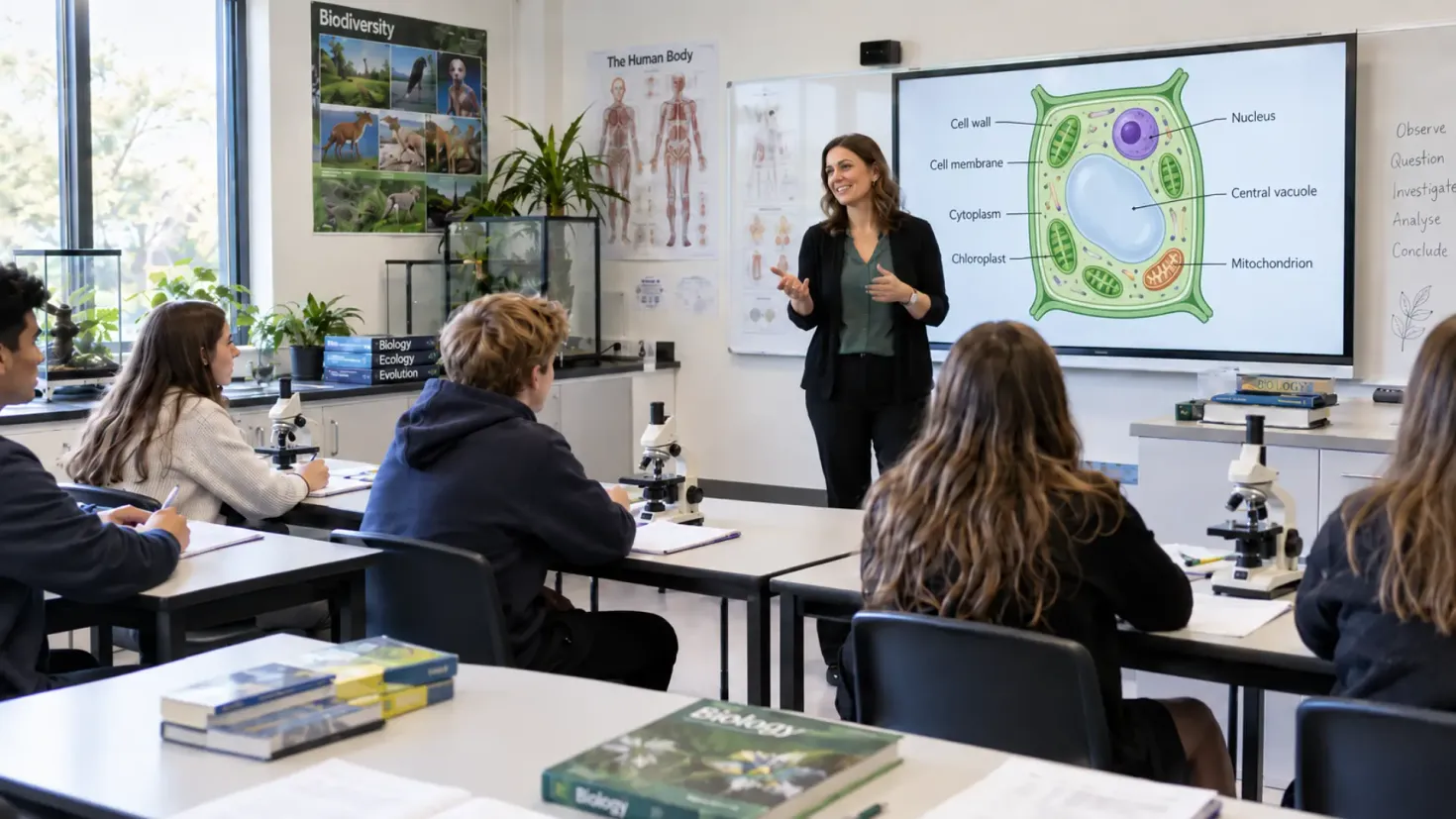 Biology teacher explaining a plant cell diagram to students in a school classroom.