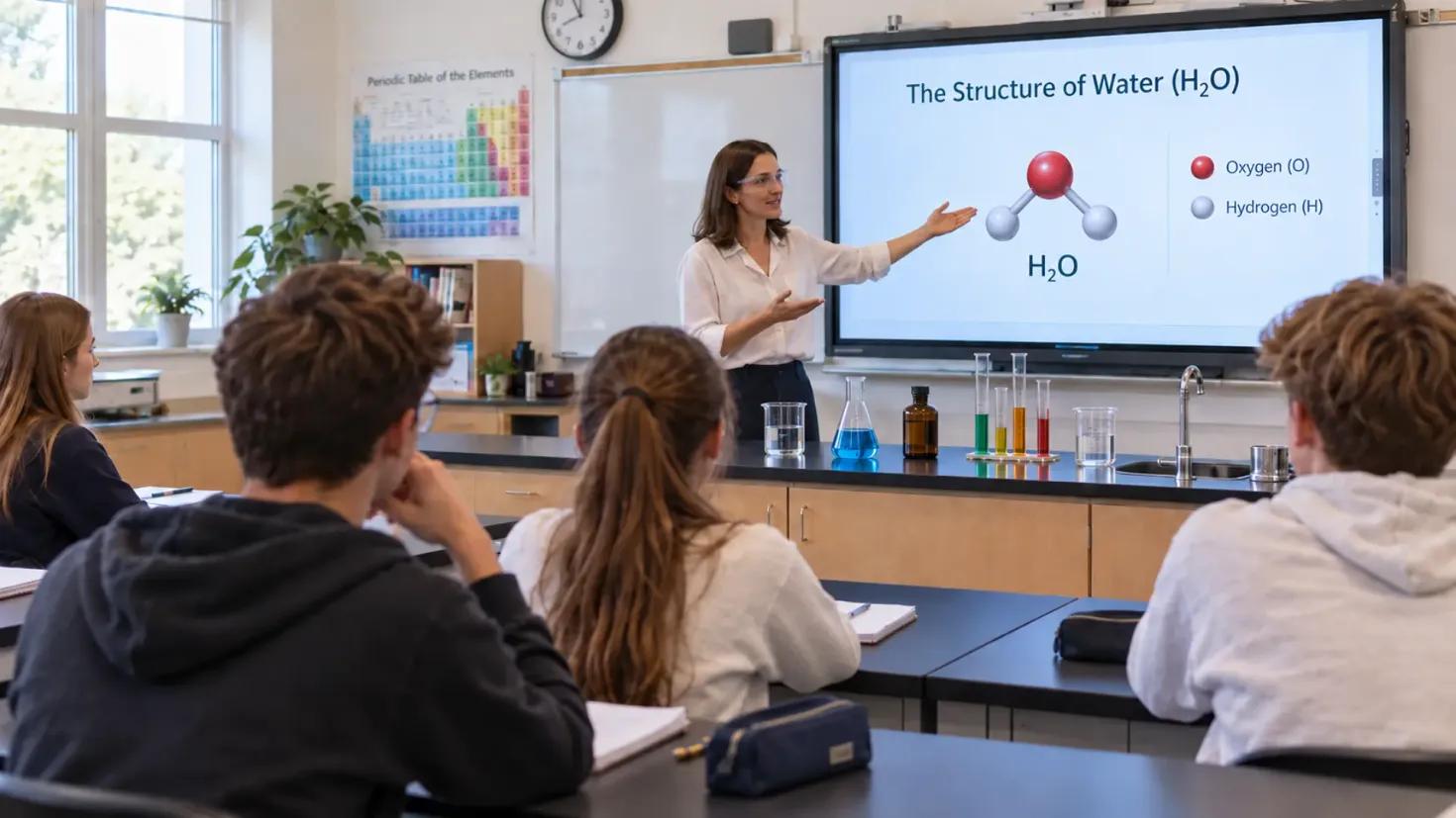 Chemistry teacher explaining the structure of water to students in a school laboratory.