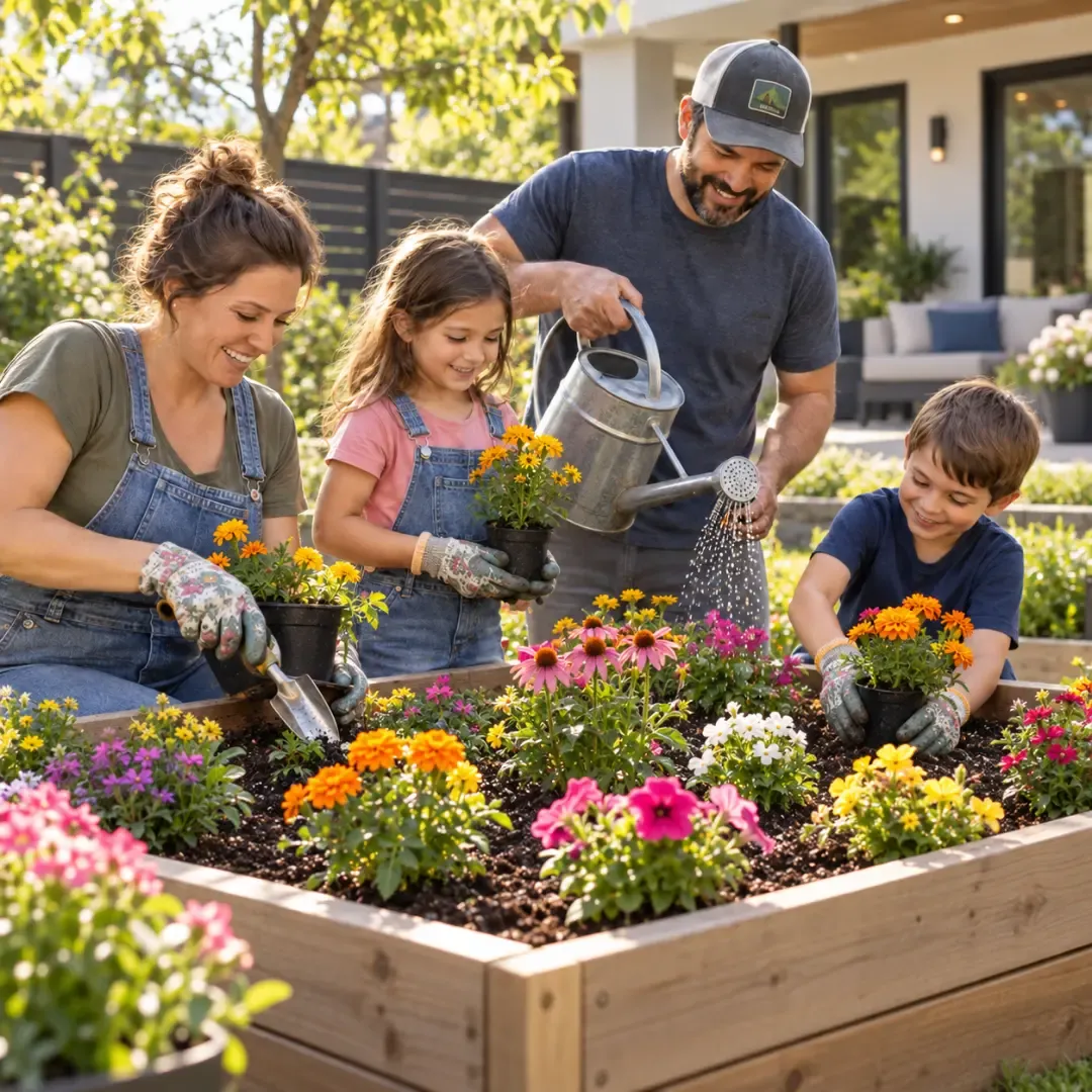 Family gardening together and planting colorful flowers in a backyard garden.