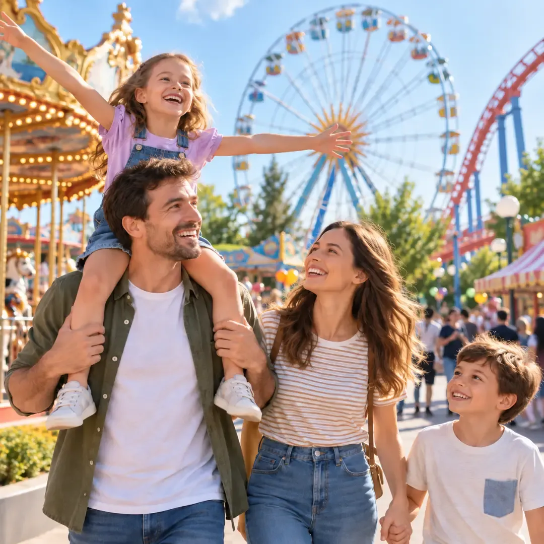 Happy family enjoying a day together at an amusement park with rides in the background.