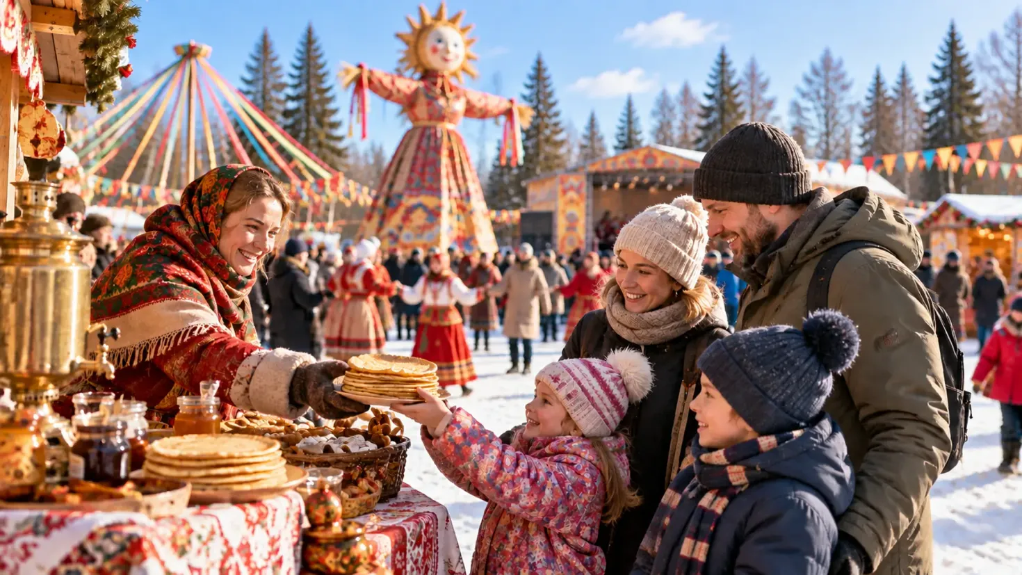 Family enjoying a traditional Maslenitsa celebration with blini at an outdoor winter festival in Russia.