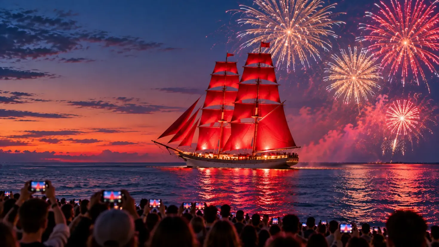 Scarlet Sails celebration with a red-sailed ship and fireworks in Saint Petersburg.