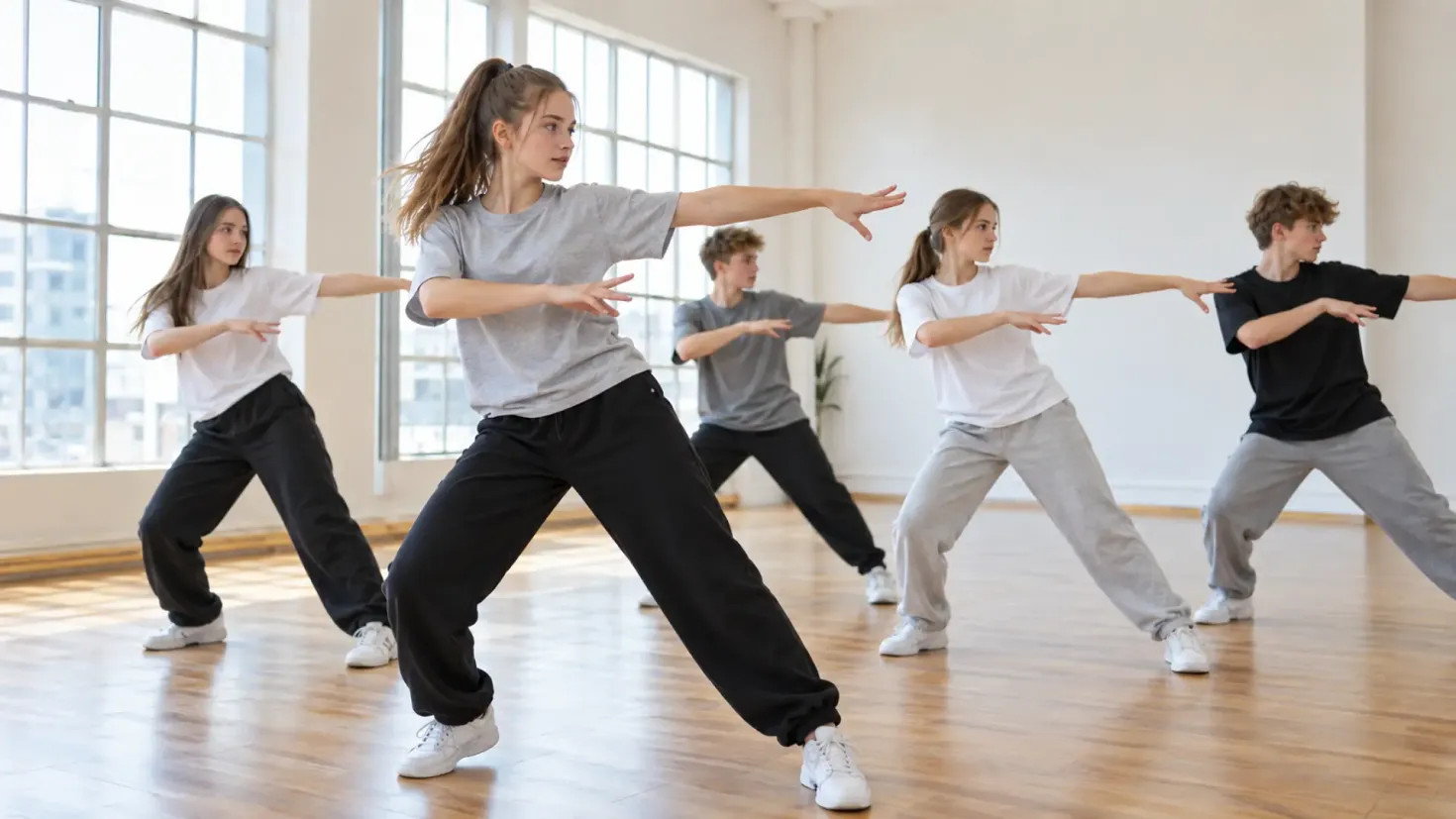 Teenagers taking part in a dance masterclass in a bright modern studio.