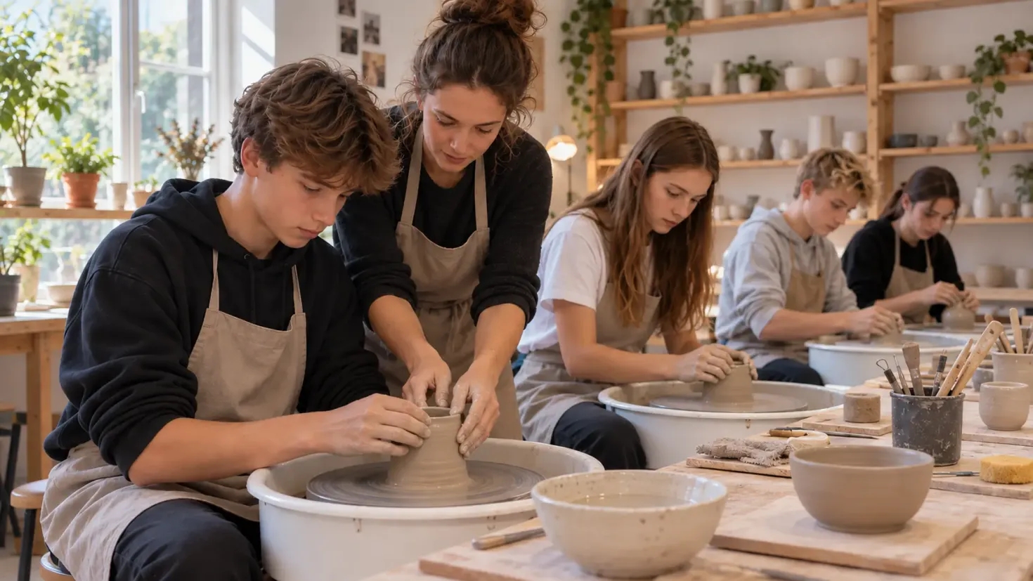 Teenagers learning pottery and shaping clay on pottery wheels during a ceramics workshop.