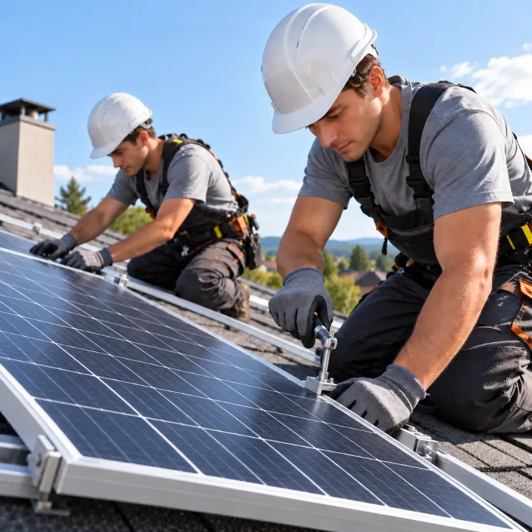 Solar panel installers working on a rooftop photovoltaic system.