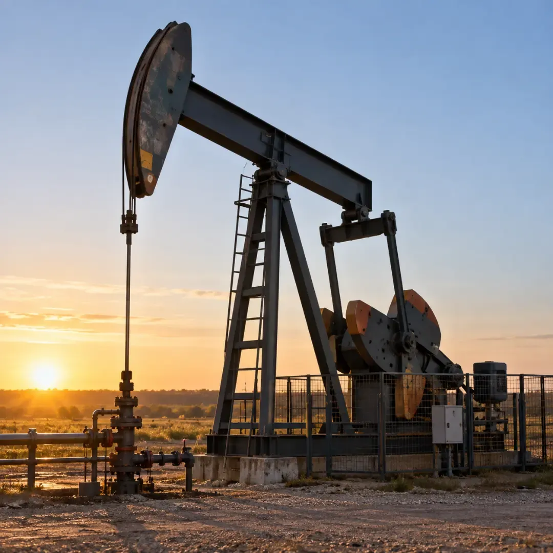 Oil pumpjack extracting oil in an open field at sunset.