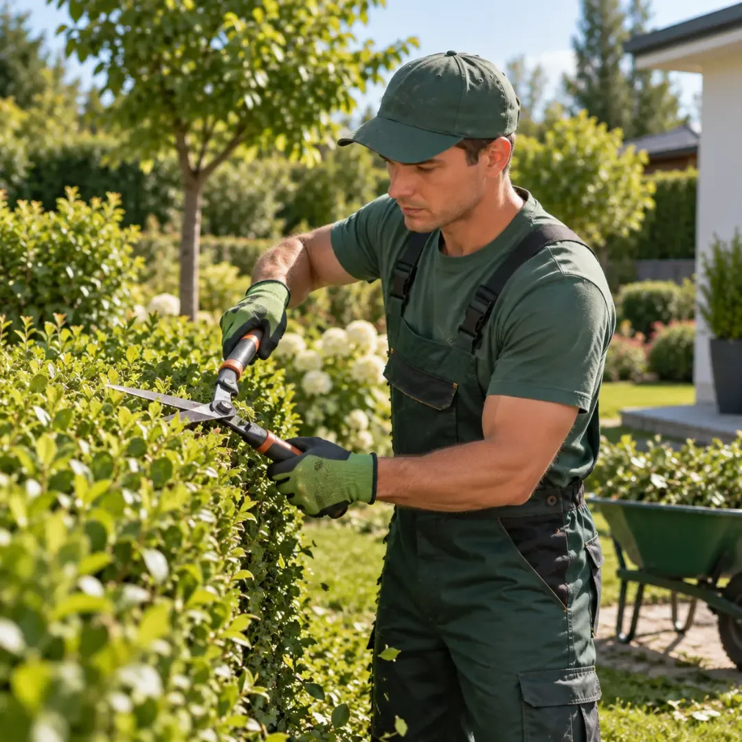 Gardener trimming a hedge in a landscaped garden.