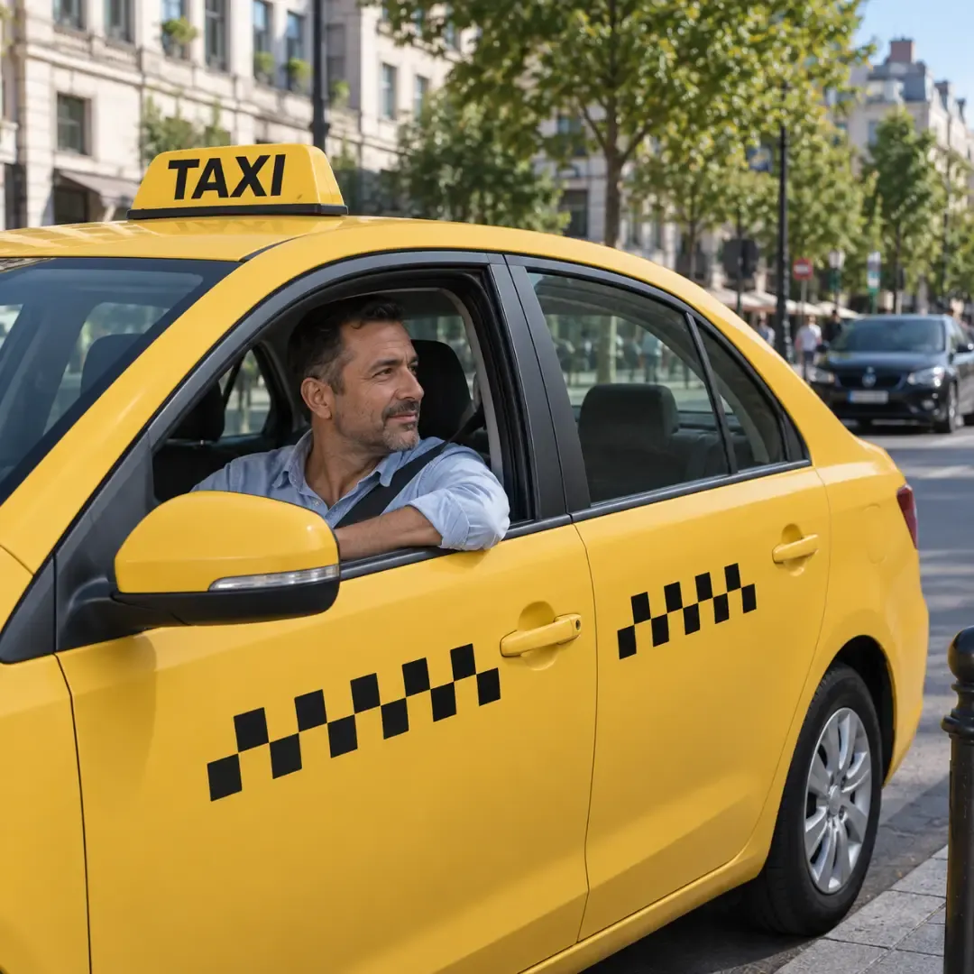 Taxi driver sitting in a yellow taxi on a city street.