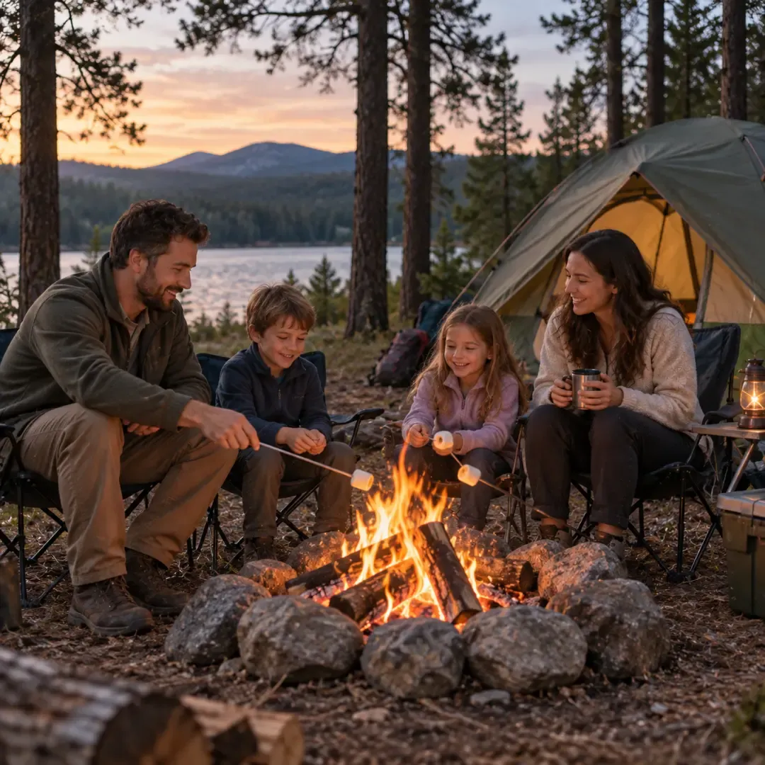 Family roasting marshmallows around a campfire beside a tent at a forest campsite.