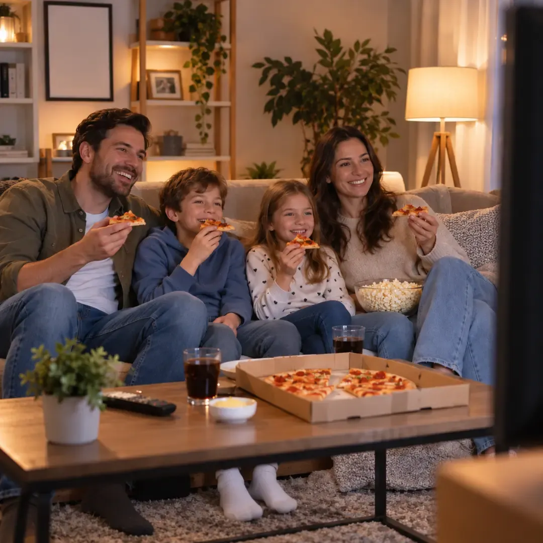 Family watching TV and eating pizza together in a cozy living room.