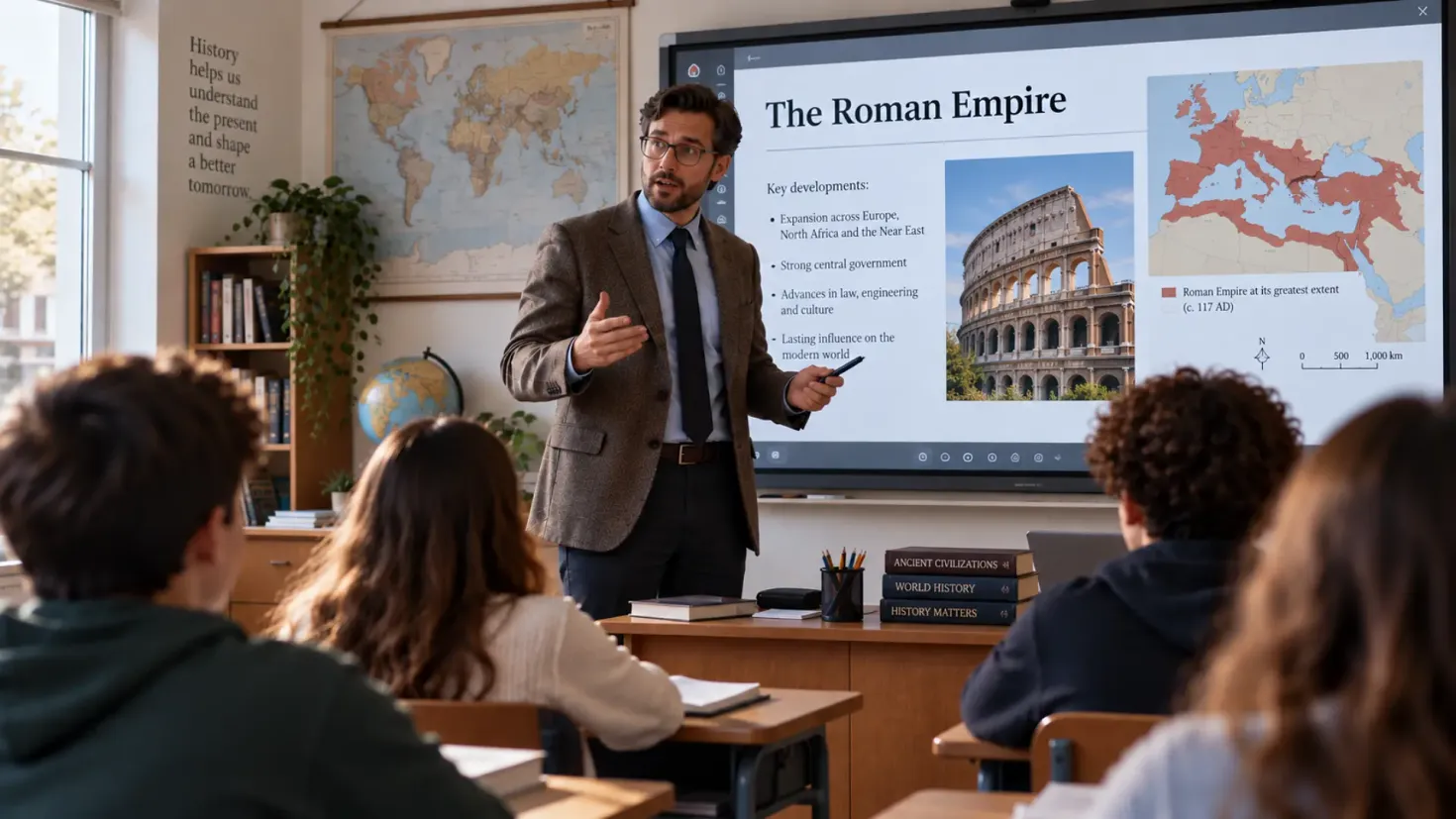 History teacher presenting the Roman Empire on an interactive board in a classroom.