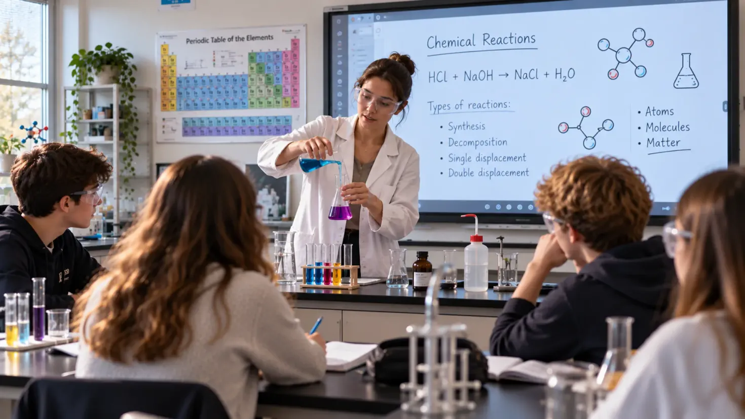 Students observing a chemistry experiment during a lesson in a modern school laboratory.