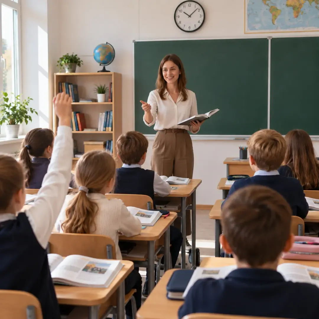 Teacher leading a classroom lesson while students study with traditional textbooks.