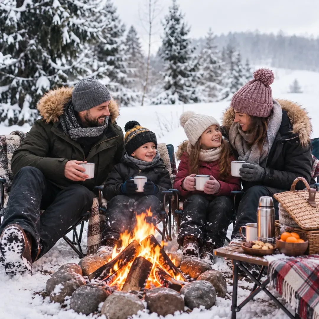 Family enjoying a winter picnic around a campfire in a snowy forest.