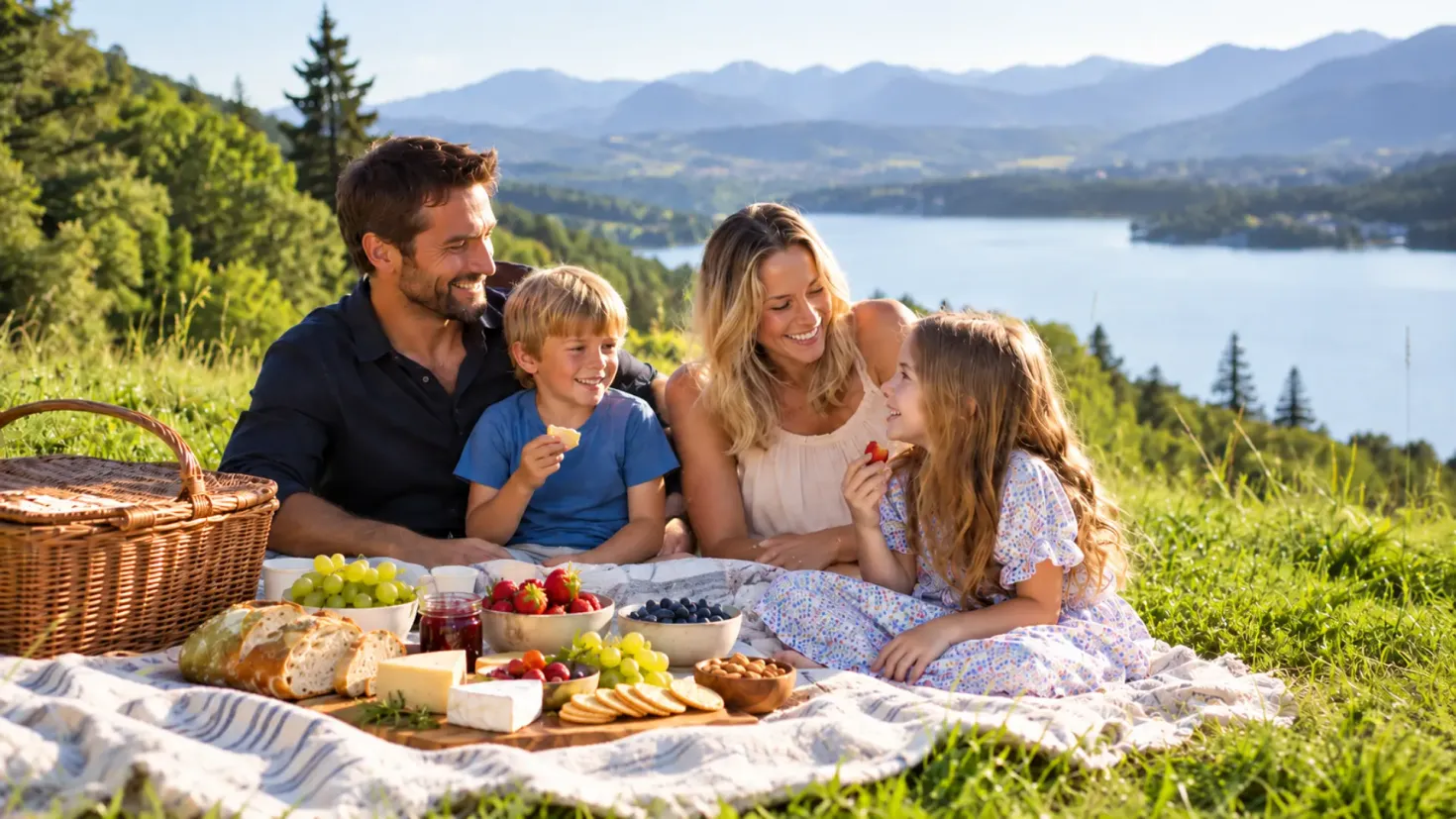 Family enjoying a summer picnic with fresh food in a scenic lakeside mountain setting.