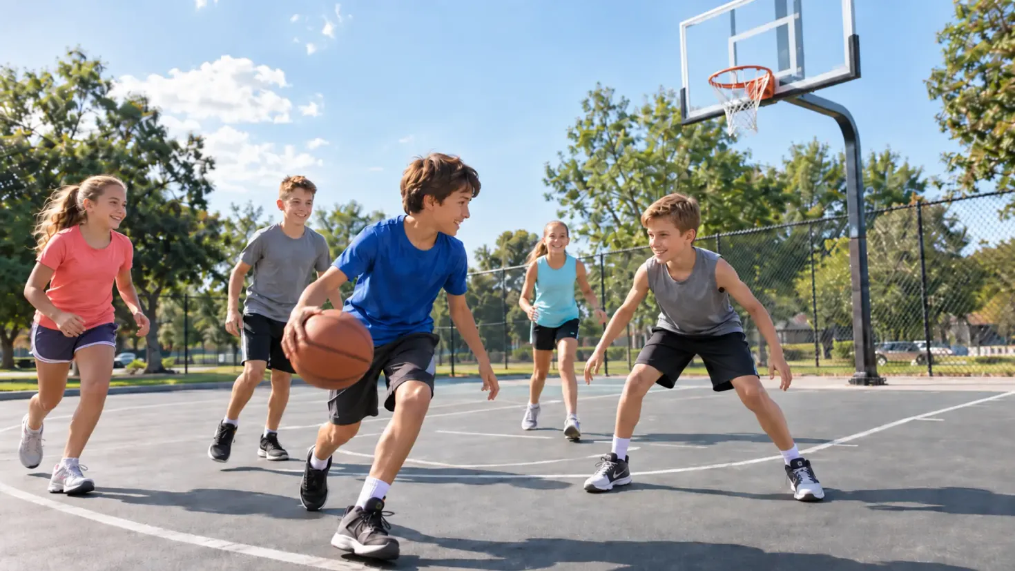 Children playing basketball together on an outdoor court.