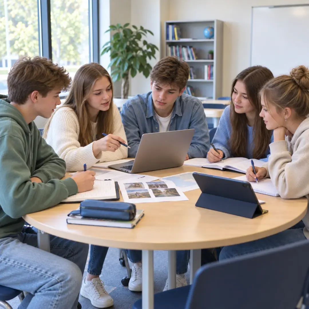 Teenagers collaborating on a group project around a round table in a classroom.