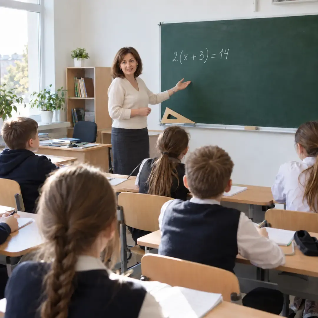 Teacher explaining an algebra equation to students during a school mathematics lesson.