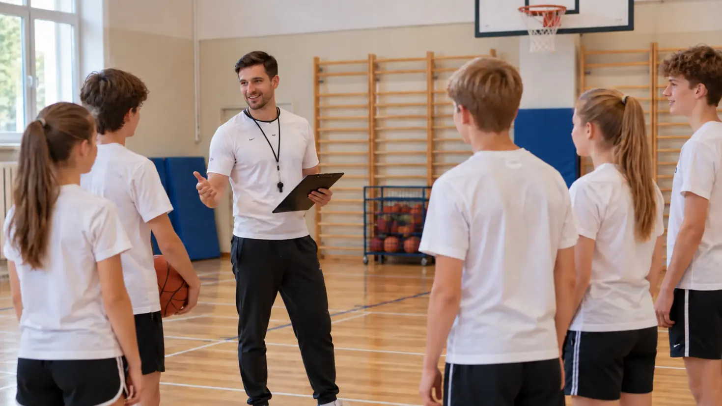 Physical education teacher instructing students during a school gym class.