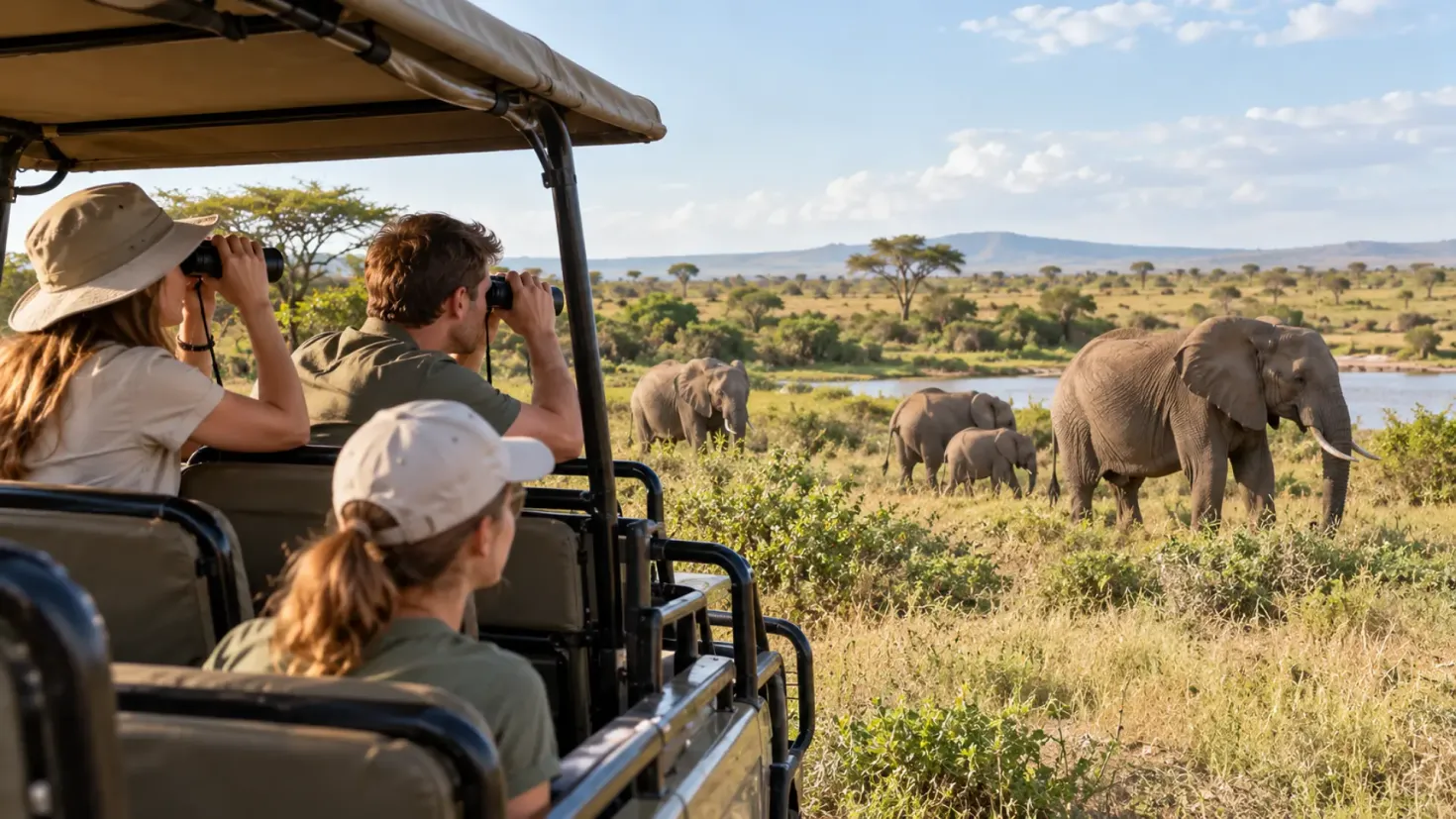 Tourists on a safari watching elephants in the wild during an ecotourism trip.