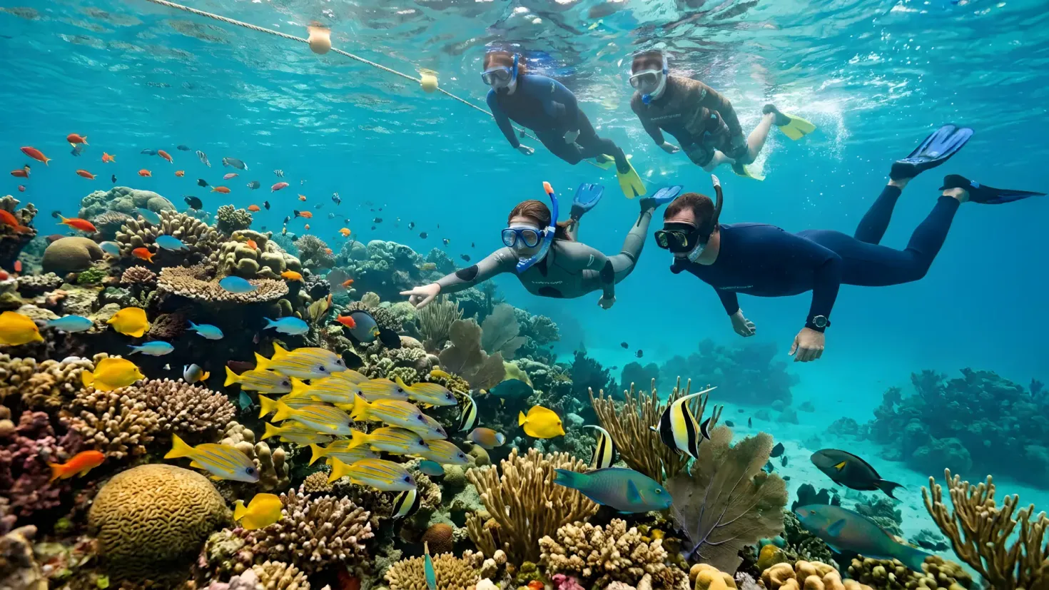 Group of eco-tourists snorkeling underwater alongside colorful marine life and coral reefs.