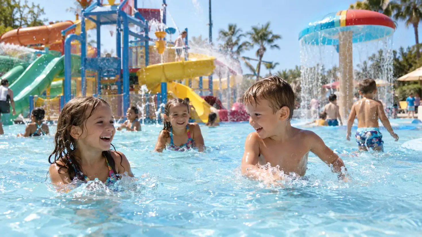 Children swimming and playing in a colorful outdoor water park on a sunny day.