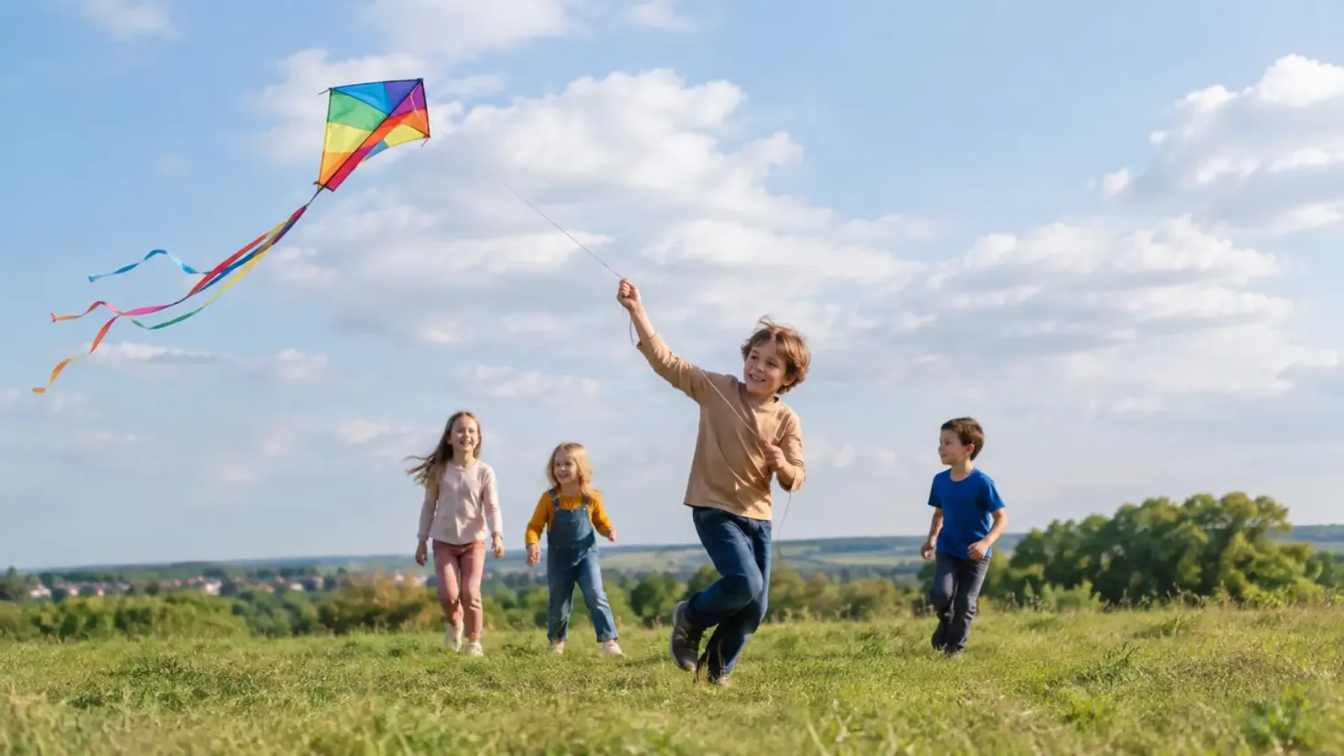 Children flying a colorful kite in a grassy field on a sunny day.