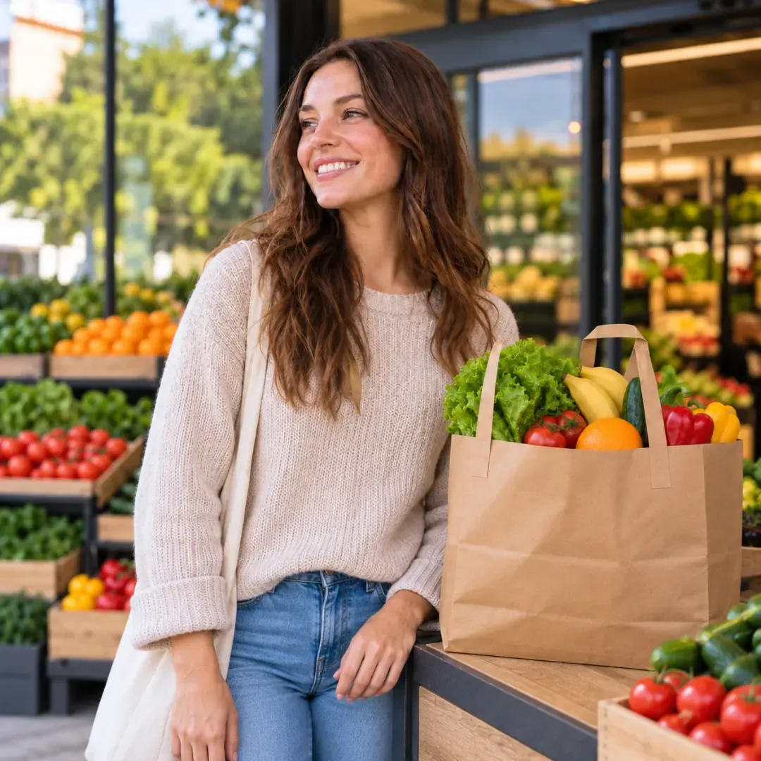 Young woman shopping for fresh fruits and vegetables with an eco-friendly paper bag at a produce market.