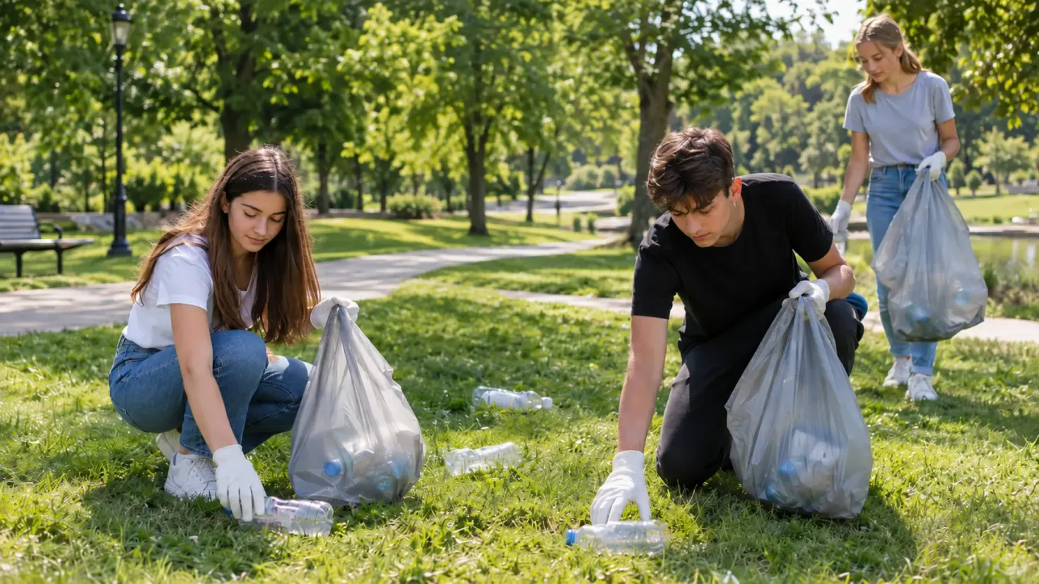Teenagers collecting plastic bottles during a park cleanup.
