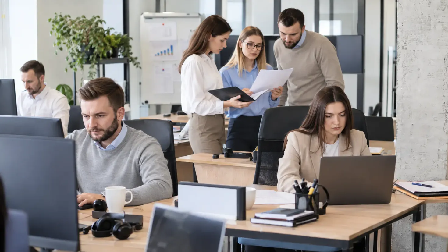 Office employees working together in a modern open-plan workspace.