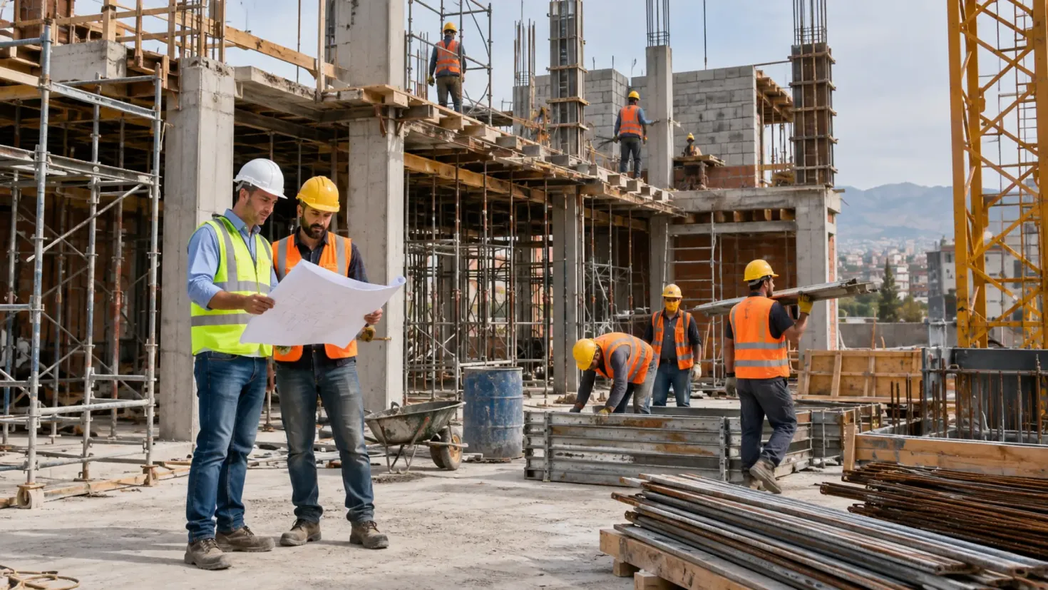 Construction workers working together on an active building site.