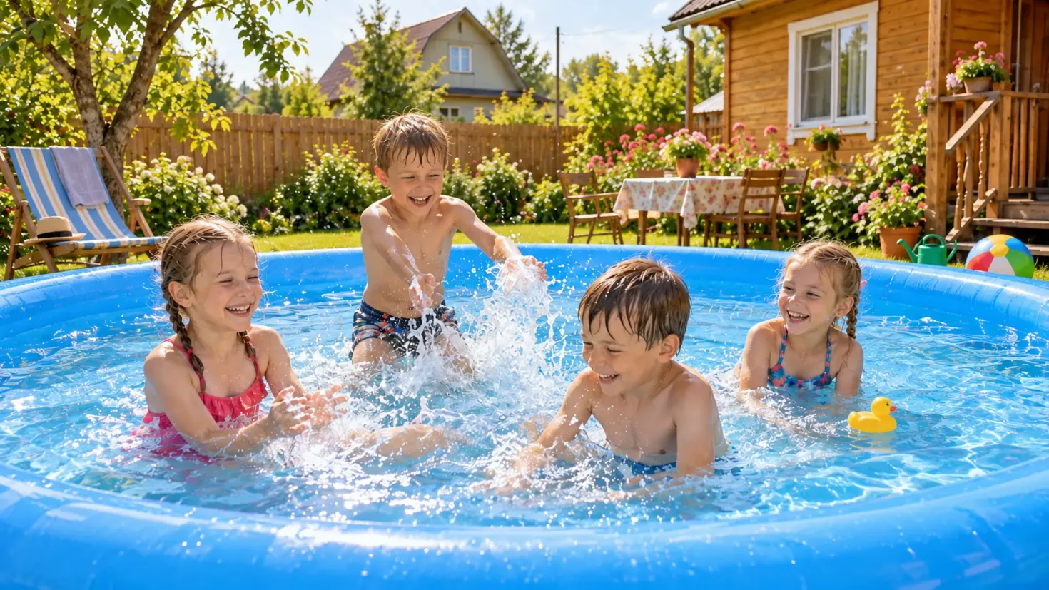 Children playing in a large inflatable pool in a sunny country house garden.