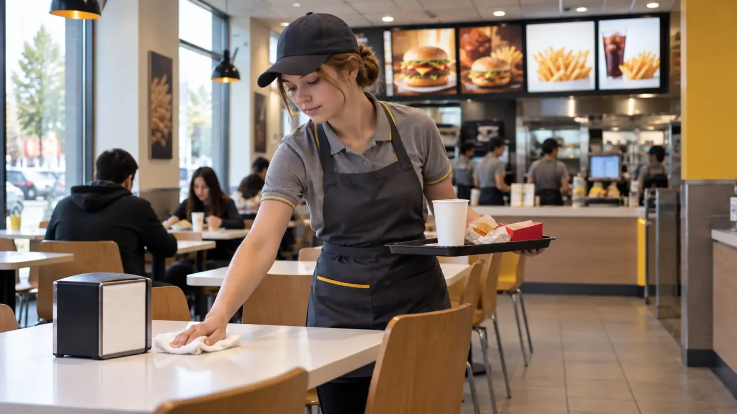Young fast-food restaurant employee cleaning a table in a modern dining area.
