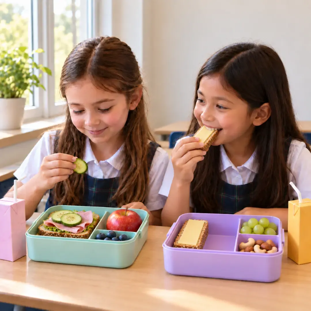 Two schoolgirls eating lunch from lunch boxes by a classroom window.