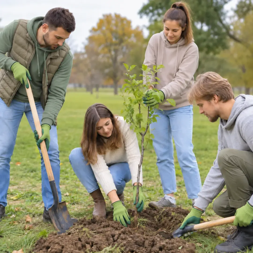 Volunteers planting a young tree together in a park.