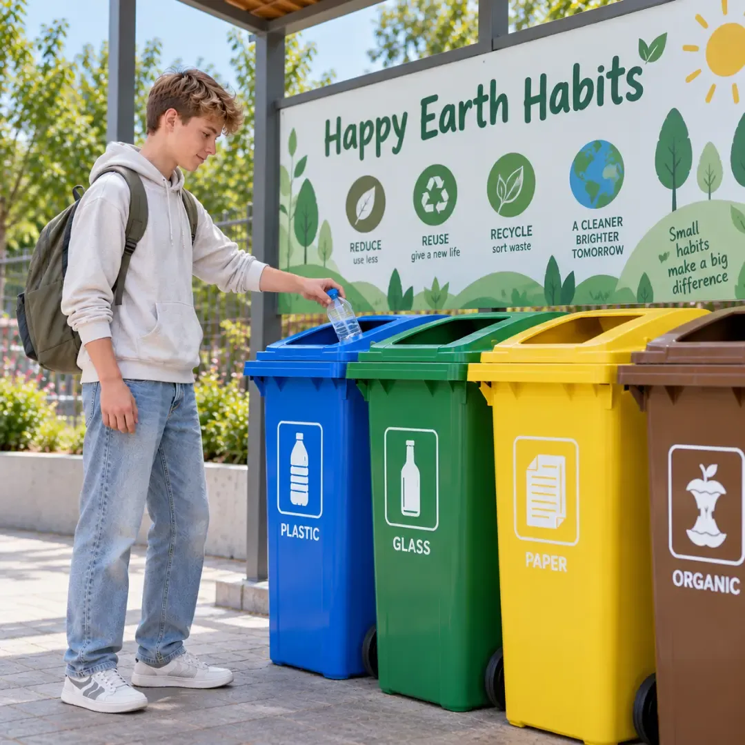 Teenager recycling a plastic bottle at a waste sorting station with a Happy Earth Habits banner.