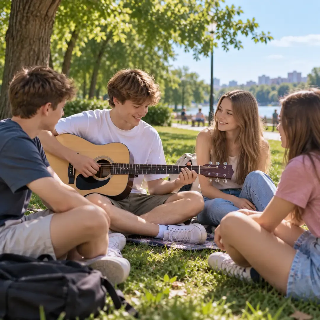 Teenagers playing acoustic guitar together in a sunny summer park.